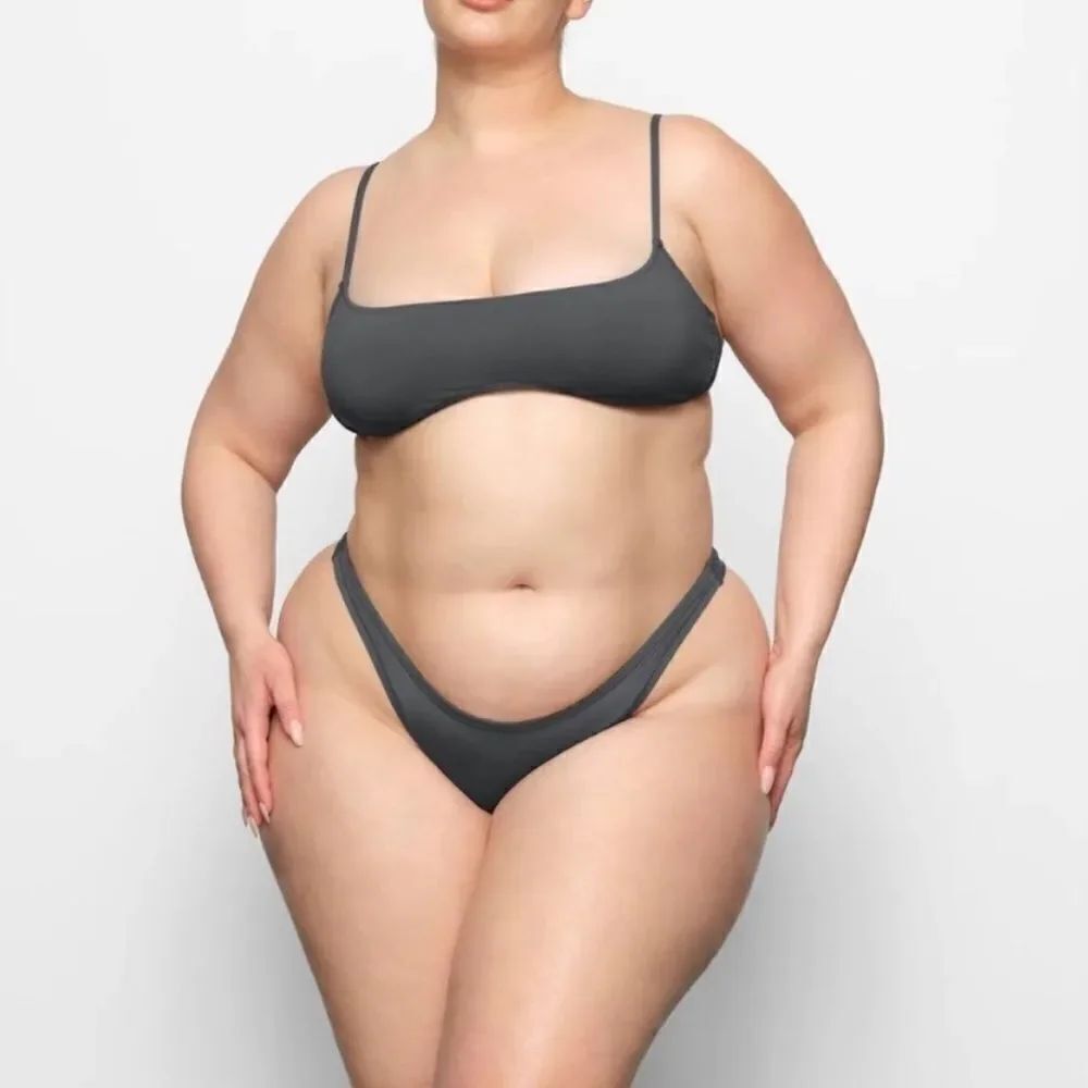 NWT SKIMS Recycled Swim Tanga Cheeky Thong Bikini Bottom In Gunmetal Gray Bikini